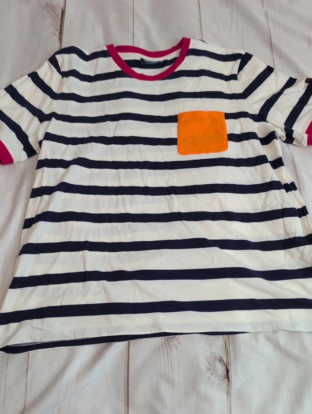 Saint James Womens 16 L Breton Stripe Tee Navy Ecru Red Orange Pocket Nautical